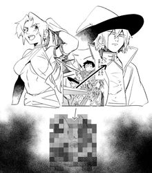  1girl 2boys =_= bell cat censored commentary_request directional_arrow greyscale halter_top halterneck hat jingle_bell long_hair midriff mitosansan monochrome mosaic_censoring multiple_boys original ponytail wizard_hat 