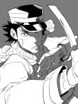  1boy golden_kamuy grey_background hat male_focus military_hat peaked_cap red_eyes scar scarf simple_background spot_color sugimoto_saichi 