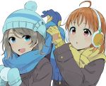  2girls :d :o ahoge beanie blue_eyes blue_scarf coat commentary_request copyright_request earmuffs gloves grey_hair hat highres long_sleeves love_live! love_live!_sunshine!! mittens monsieur multiple_girls open_mouth orange_hair parted_lips red_eyes scarf simple_background smile takami_chika watanabe_you white_background winter_clothes winter_coat yellow_gloves yellow_scarf 