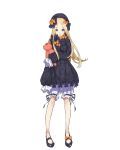  1girl abigail_williams_(fate/grand_order) absurdres bangs black_bow black_dress black_footwear black_hat blonde_hair bloomers blue_eyes bow butterfly dress eyebrows_visible_through_hair fate/grand_order fate_(series) forehead hair_bow hat highres long_hair long_sleeves looking_at_viewer object_hug open_mouth orange_bow parted_bangs polka_dot polka_dot_bow shoes simple_background sleeves_past_wrists solo standing stuffed_animal stuffed_toy teddy_bear teshima_nari underwear very_long_hair white_background white_bloomers 