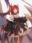  1girl absurdres arknights bare_shoulders collar demon_girl demon_horns dress faldues_(gavin_b) highres holding holding_weapon horns jacket kneehighs looking_at_viewer molten_rock redhead spiked_collar spikes surtr_(arknights) violet_eyes weapon 