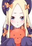  1girl abigail_williams_(fate/grand_order) bangs black_bow black_dress black_hat blonde_hair blue_eyes bow butterfly commentary_request dress enelis fate/grand_order fate_(series) forehead hair_bow hat holding holding_stuffed_animal long_sleeves looking_at_viewer orange_bow parted_bangs parted_lips simple_background sleeves_past_wrists solo stuffed_animal stuffed_toy teddy_bear white_background 