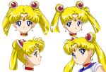  4girls bishoujo_senshi_sailor_moon blonde_hair blue_eyes blue_sailor_collar choker circlet closed_mouth crescent crescent_earrings double_bun earrings hair_ornament hairpin jewelry long_hair looking_at_viewer magical_girl multiple_girls multiple_persona official_style oku_yukihide profile red_neckwear sailor_moon shiny shiny_hair simple_background smile tsukino_usagi twintails white_background 
