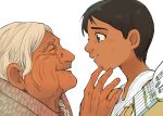  1boy 1girl acoustic_guitar black_hair braid brown_eyes closed_eyes coco_(disney) dark_skin dark_skinned_male disney dress grandmother_and_grandson guitar instrument mama_coco miguel_rivera shawl short_hair smile tank_top twin_braids 