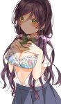  1girl :o blush bow bowtie bra breasts cleavage green_eyes highres lace lace-trimmed_bra large_breasts long_hair looking_at_viewer love_live! love_live!_school_idol_project low_twintails mogu_(au1127) open_clothes open_shirt pleated_skirt purple_hair school_uniform shirt simple_background skirt solo toujou_nozomi twintails underwear white_background 