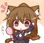  1girl animal_ears bangs black_serafuku black_shirt black_skirt blush brown_eyes brown_hair cat_ears cat_girl cat_tail crescent crescent_moon_pin dated eyebrows_visible_through_hair fumizuki_(kantai_collection) hair_between_eyes hand_mirror high_ponytail holding_mirror kantai_collection kemonomimi_mode komakoma_(magicaltale) long_hair long_sleeves looking_at_mirror mirror necktie parted_lips pleated_skirt ponytail school_uniform serafuku shirt skirt solo tail translation_request twitter_username very_long_hair white_neckwear 