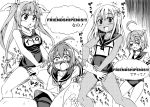  ahoge bare_legs barefoot commentary_request feet flower gloom_(expression) greyscale hair_flower hair_ornament hair_ribbon hibiscus i-168_(kantai_collection) i-19_(kantai_collection) i-58_(kantai_collection) kantai_collection long_hair monochrome neckerchief nonodera_minku open_mouth ponytail ribbon ro-500_(kantai_collection) school_swimsuit school_uniform serafuku short_hair smile swimsuit tan tears toes translation_request twintails you_gonna_get_raped 