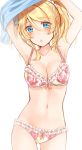  1girl :o ayase_eli bikini blonde_hair blue_eyes blush bra breasts cleavage floral_print lace lace-trimmed_bra lace-trimmed_panties long_hair looking_at_viewer love_live! love_live!_school_idol_project medium_breasts midriff mogu_(au1127) navel open_mouth ponytail rose solo undressing 
