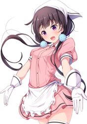  1girl blend_s blush breasts eyebrows_visible_through_hair gloves head_scarf long_hair looking_at_viewer low_twintails matokechi open_mouth sakuranomiya_maika short_sleeves small_breasts smile solo stile_uniform thigh-highs twintails violet_eyes waitress white_gloves white_legwear 