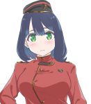  1girl blue_hair blush breasts closed_mouth commentary_request embarrassed green_eyes hat highres jacket large_breasts long_sleeves military military_hat military_jacket military_uniform naval_uniform original pebblejang red_jacket short_hair simple_background solo uniform upper_body white_background 