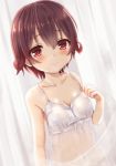  1girl blush breasts brown_hair camisole collarbone curtains gradient_hair jewelry kantai_collection multicolored_hair mutsuki_(kantai_collection) navel ootori_(kyoya-ohtori) redhead ring short_hair small_breasts smile solo underwear upper_body wedding_band 