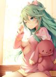  1girl absurdres blue_eyes blush bow breasts commentary_request crying crying_with_eyes_open green_hair hair_bow highres indoors kantai_collection long_hair long_sleeves medium_breasts nyum one_eye_closed open_clothes open_shirt partially_unbuttoned shirt sleepy solo stuffed_animal stuffed_bunny stuffed_toy tears waking_up yamakaze_(kantai_collection) 