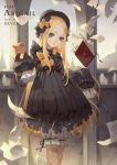  1girl abigail_williams_(fate/grand_order) bangs black_bow black_dress black_hat blonde_hair bloomers blue_eyes book bow butterfly character_name commentary_request day dress fate/grand_order fate_(series) gawain_(artist) hair_bow hat head_tilt highres long_hair long_sleeves looking_at_viewer orange_bow outdoors paper parted_bangs parted_lips polka_dot polka_dot_bow sleeves_past_wrists solo spire standing stuffed_animal stuffed_toy teddy_bear underwear very_long_hair white_bloomers 