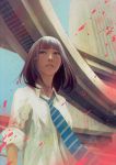 1girl bangs blue_neckwear blue_sky blunt_bangs bridge brown_hair building commentary_request day diagonal_stripes highres long_sleeves necktie original outdoors parted_lips shirt short_hair sky skyscraper sleeves_folded_up solo standing wataboku white_shirt 