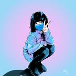  1girl absurdres bangs black_hair blue_mask blue_sweater blunt_bangs commentary_request full_body gradient gradient_background highres long_hair long_sleeves original sergey_orlov signature solo squatting surgical_mask sweater v 