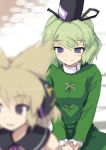  2girls bangs blonde_hair blue_eyes blurry blush closed_mouth commentary_request depth_of_field dress earmuffs ebizome eyebrows_visible_through_hair green_dress green_hair hat long_sleeves multiple_girls own_hands_together pointy_hair short_hair smile soga_no_tojiko tate_eboshi touhou toyosatomimi_no_miko 