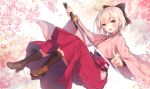  1girl :d ahoge bangs black_bow blonde_hair blush boots bow brown_footwear cherry_blossoms cross-laced_footwear fate_(series) full_body glint hair_bow hakama half_updo highres hip_vent holding holding_sword holding_weapon japanese_clothes katana kimono knee_boots koha-ace lace-up_boots long_sleeves midair okita_souji_(fate) open_mouth petals pink_hakama pink_kimono sheath short_hair smile solo sword toosaka_asagi unsheathing weapon wide_sleeves yellow_eyes 