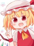  1girl :d arm_up batta_(ijigen_debris) blonde_hair blush chibi commentary_request eyebrows_visible_through_hair fang flandre_scarlet hat looking_at_viewer mob_cap open_mouth pink_hat red_eyes red_vest smile solo touhou upper_body v vest wings wristband 