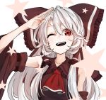  1girl ascot bow detached_sleeves hair_bow hakurei_reimu hand_up long_hair looking_at_viewer m.u.g.e.n maga-reimu one_eye_closed red_eyes ribbon-trimmed_sleeves ribbon_trim rion_(glayjirobass) salute simple_background smile solo star touhou upper_body white_background white_hair 