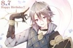  1boy artist_name atoatto dated earrings fire_emblem fire_emblem_if gloves grey_eyes grey_hair happy_birthday jewelry lazward_(fire_emblem_if) male_focus portrait simple_background solo white_background 