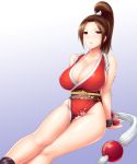  1girl breasts brown_hair cleavage fatal_fury hair_ribbon high_ponytail highres large_breasts legs ninja no_bra obi pelvic_curtain red_eyes ribbon rope sash shimenawa shiranui_mai sideboob sitting solo st.germain-sal the_king_of_fighters 