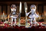  2girls adapted_costume arm_at_side bird_tail broccoli brown_eyes brown_hair candle candlestand chicken_(food) closed_mouth commentary_request cup dirty_clothes drinking_glass eurasian_eagle_owl_(kemono_friends) fire food fork full_body fur_collar glass grey_hair hair_between_eyes highres holding holding_weapon indoors kemono_friends knife long_sleeves looking_at_viewer medium_hair multicolored_hair multiple_girls noah_(noxxxmo) northern_white-faced_owl_(kemono_friends) open_clothes open_vest outstretched_arm pantyhose pizza plate serious shirt skirt sleeves_past_wrists spoon standing table tail vest weapon white_legwear wide_sleeves wine_glass 