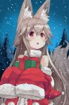  1girl animal_ears bare_shoulders blush box fox_ears fox_girl fur_trim gift gift_box holding holding_gift light_brown_hair long_hair long_sleeves looking_to_the_side night noa_(nagareboshi) open_mouth original outdoors red_eyes santa_costume sleeves_past_wrists snow snowing solo tree upper_body winter 