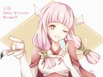  1girl artist_name atoatto brown_eyes cape dated fire_emblem fire_emblem_if happy_birthday long_hair low_twintails mitama_(fire_emblem_if) one_eye_closed paintbrush pink_hair portrait simple_background solo star star-shaped_pupils symbol-shaped_pupils twintails white_background 