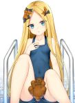  1girl :o abigail_williams_(fate/grand_order) alternate_costume bangs bare_arms bare_shoulders black_bow blonde_hair blue_eyes bow breasts chixiao closed_eyes collarbone commentary_request covered_navel eyebrows_visible_through_hair fate/grand_order fate_(series) forehead hair_bow hand_on_own_chest hand_up head_tilt highres long_hair looking_at_viewer one-piece_swimsuit orange_bow parted_bangs parted_lips poolside school_swimsuit sitting small_breasts solo stuffed_animal stuffed_toy swimsuit teddy_bear tile_floor tiles very_long_hair wet white_background 