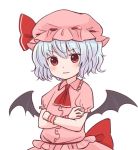  1girl bangs batta_(ijigen_debris) blue_hair blush closed_mouth crossed_arms eyebrows_visible_through_hair hat looking_at_viewer mob_cap pink_hat pink_shirt pink_skirt puffy_short_sleeves puffy_sleeves red_eyes remilia_scarlet shirt short_hair short_sleeves skirt solo touhou upper_body wings wristband 