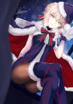 1girl arm_behind_back artoria_pendragon_(all) bangs black_choker blonde_hair bow bowtie breasts breath brown_legwear cape cleavage dress fate/grand_order fate_(series) fur-trimmed_cape fur-trimmed_dress fur_trim gloves hair_between_eyes hand_up hat holding holding_sack kesoshirou legs_crossed looking_at_viewer medium_breasts pantyhose parted_lips purple_dress purple_gloves purple_hat purple_legwear saber_alter sack santa_alter santa_hat serious short_hair signature sitting sleeveless sleeveless_dress solo striped striped_bow striped_neckwear thigh-highs tsurime v-shaped_eyebrows yellow_eyes 