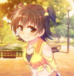  1girl akagi_miria arms_behind_back bare_shoulders bench black_hair blush brown_eyes eyebrows_visible_through_hair hair_ribbon idolmaster idolmaster_cinderella_girls jewelry lamppost looking_at_viewer midriff naoharu_(re_barna) navel necklace outdoors park park_bench ribbon shirt short_hair short_twintails shoulder_cutout signature smile star_necklace sunlight sunset tied_shirt tree twintails twitter_username two_side_up upper_body yellow_shirt 