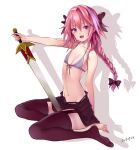  1boy @lillia_(ceko) absurdres astolfo_(fate) bikini_top black_bow black_legwear black_ribbon blush bow braid dated fangs fate/apocrypha fate_(series) garter_straps hair_ribbon highres long_braid long_hair looking_at_viewer male_focus multicolored_hair pink_hair ribbon single_braid sitting skirt smile streaked_hair sword thigh-highs trap violet_eyes wariza weapon 