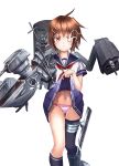  1girl aa_gun absurdres brown_hair cannon catapult_plane elbow_gloves furutaka_(kantai_collection) gloves glowing glowing_eye hair_ornament hairclip heterochromia highres kantai_collection machinery neckerchief panties remodel_(kantai_collection) school_uniform serafuku short_hair single_elbow_glove single_thighhigh skirt skirt_lift solo striped striped_panties thigh-highs turret underwear upper_(pixiv_29069169) yellow_eyes 