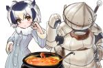  1girl armor black_hair cauldron clenched_hand coat commentary dark_souls dokomon fur_collar gloves hand_on_hip helmet kemono_friends looking_at_viewer multicolored_hair northern_white-faced_owl_(kemono_friends) short_hair sieglinde_of_catarina simple_background souls_(from_software) white_background white_hair yellow_eyes 