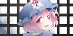  1girl commentary_request hammer_(sunset_beach) hat looking_at_viewer mob_cap open_mouth pink_eyes pink_hair saigyouji_yuyuko short_hair smile solo touhou triangular_headpiece upper_body 