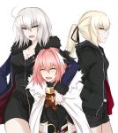  1boy 2girls ahoge artoria_pendragon_(all) astolfo_(fate) black_bow black_dress black_jacket black_ribbon black_shorts blonde_hair blue_jacket bow breasts cape cleavage closed_eyes collarbone commentary_request cowboy_shot dress fang fate/apocrypha fate/grand_order fate_(series) from_side hair_bow hair_ribbon highres hood hooded_jacket jacket jeanne_d&#039;arc_(alter)_(fate) jeanne_d&#039;arc_(fate)_(all) large_breasts multiple_girls open_mouth parted_lips pink_hair piro_(iiiiiiiiii) ponytail ribbon saber short_hair short_shorts shorts simple_background slit_pupils trap white_background white_cape white_hair yellow_eyes 