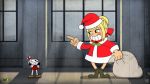  1boy 1girl 30s andro_juniarto angry black_eyes black_shirt blonde_hair blush christmas crossover cuphead cuphead_(game) deviantart fate/extra fate/grand_order fate_(series) green_eyes grin nero_claudius_(fate) nero_claudius_(fate)_(all) saber_extra santa_costume santa_hat shorts smile 