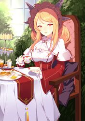  1girl absurdres blonde_hair bonnet chair cup dress drill_hair highres holding holding_cup iiiroha long_hair plate red_dress red_eyes sitting smile solo table teacup warspite_(zhan_jian_shao_nyu) zhan_jian_shao_nyu 