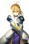  1girl ahoge armor armored_dress artoria_pendragon_(all) blonde_hair blue_dress blue_ribbon character_name copyright_name dress excalibur fate/zero fate_(series) floating_hair gauntlets green_eyes hair_between_eyes hair_ribbon highres holding holding_sword holding_weapon looking_at_viewer mizu_(dl7613) ribbon saber short_hair simple_background smile solo sword weapon white_background 