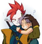 2boys blue_background closed_eyes dragon_ball dragonball_z gloves green_eyes hand_on_another&#039;s_head hug hug_from_behind looking_at_another male_focus mohawk multiple_boys musical_note petagon purple_hair redhead scarf short_hair simple_background smile sword tapion trunks_(dragon_ball) weapon white_background wristband 