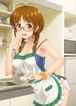  1girl akizuki_ritsuko antenna_hair apron braid brown_eyes brown_hair glasses hida_tatsuo idolmaster panties solo underwear 