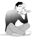  1boy chin_rest greyscale indian_style long_sleeves looking_at_viewer male_focus mitosansan monochrome original simple_background sitting smile socks solo turtleneck white_background 