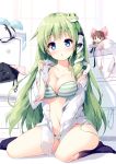  1girl black_legwear blue_bra blue_eyes bra breasts character_doll cleavage frog_hair_ornament green_bra green_hair green_panties hair_ornament hair_tubes hakurei_reimu indoors kochiya_sanae large_breasts long_hair looking_at_viewer miyase_mahiro navel no_pants panties shirt sitting snake_hair_ornament socks solo striped striped_bra striped_panties touhou underwear white_bra white_shirt 