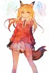  1girl absurdres animal_ears arms_at_sides bangs black_gloves blazer blonde_hair bow ezo_red_fox_(kemono_friends) fox_ears fox_tail gloves hair_between_eyes highres jacket kaamin_(mariarose753) kemono_friends long_hair looking_at_viewer multicolored multicolored_clothes multicolored_legwear necktie orange_jacket pantyhose pleated_skirt shirt skirt smile solo standing tail white_background white_shirt white_skirt yellow_eyes 