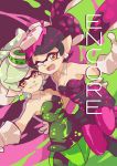  +_+ 2girls ankle_boots aori_(splatoon) arm_around_waist black_dress black_footwear black_hair black_jumpsuit boots brown_eyes commentary cousins cover cover_page detached_collar domino_mask dress english fangs food food_on_head foreshortening green_legwear grey_hair grin highres hotaru_(splatoon) long_hair looking_at_viewer mask mole mole_under_eye multicolored multicolored_background multiple_girls object_on_head one_eye_closed open_mouth pantyhose pointy_ears reaching short_dress short_hair short_jumpsuit side-by-side smile splatoon splatoon_1 standing strapless strapless_dress sushi tentacle_hair wong_ying_chee 
