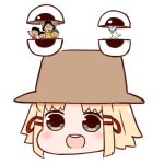  :d bangs batta_(ijigen_debris) black_eyes blonde_hair blush brown_hat character_request commentary_request face hat looking_at_viewer moriya_suwako open_mouth parody pyonta sazae-san short_hair simple_background smile touhou white_background 