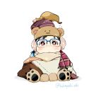  1boy animal_hat bear_hat black_hair blue-framed_eyewear brown_eyes chibi earmuffs glasses gloves hat katsuki_yuuri kobayashi_niki male_focus paw_gloves paw_shoes paws plaid plaid_scarf scarf shoes sitting twitter_username yuri!!!_on_ice 