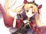  1girl bangs between_breasts black_dress blonde_hair box breasts cape closed_mouth commentary_request derori dress dutch_angle earrings ereshkigal_(fate/grand_order) eyebrows_visible_through_hair fate/grand_order fate_(series) gift gift_box highres holding holding_gift infinity jewelry long_hair looking_at_viewer medium_breasts necklace parted_bangs red_cape red_eyes simple_background skull smile solo spine tohsaka_rin two_side_up very_long_hair white_background 