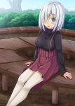  1girl bench black_sweater blue_eyes gurande_(g-size) hair_ornament hair_over_one_eye hairclip hamakaze_(kantai_collection) highres kantai_collection looking_at_viewer open_mouth overalls pantyhose park_bench red_skirt short_hair sitting skirt solo sweater white_hair white_legwear 